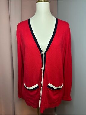 VGUC Talbots Cardigan Pearl Buttons Cashmere Blend Sz M Red Navy Off-White